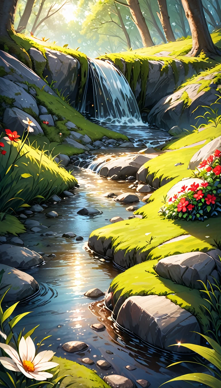 Creek,Water Flow,stone,Green Jungle,high-definition,Realistic style,Close-up,Low Angle of View,Light spot,moss,Small Flower,Grass,The stone in the lower center of the picture,Natural Scenes,Bright colors,Large aperture,Close shot,blur background/Bokeh,lens flare