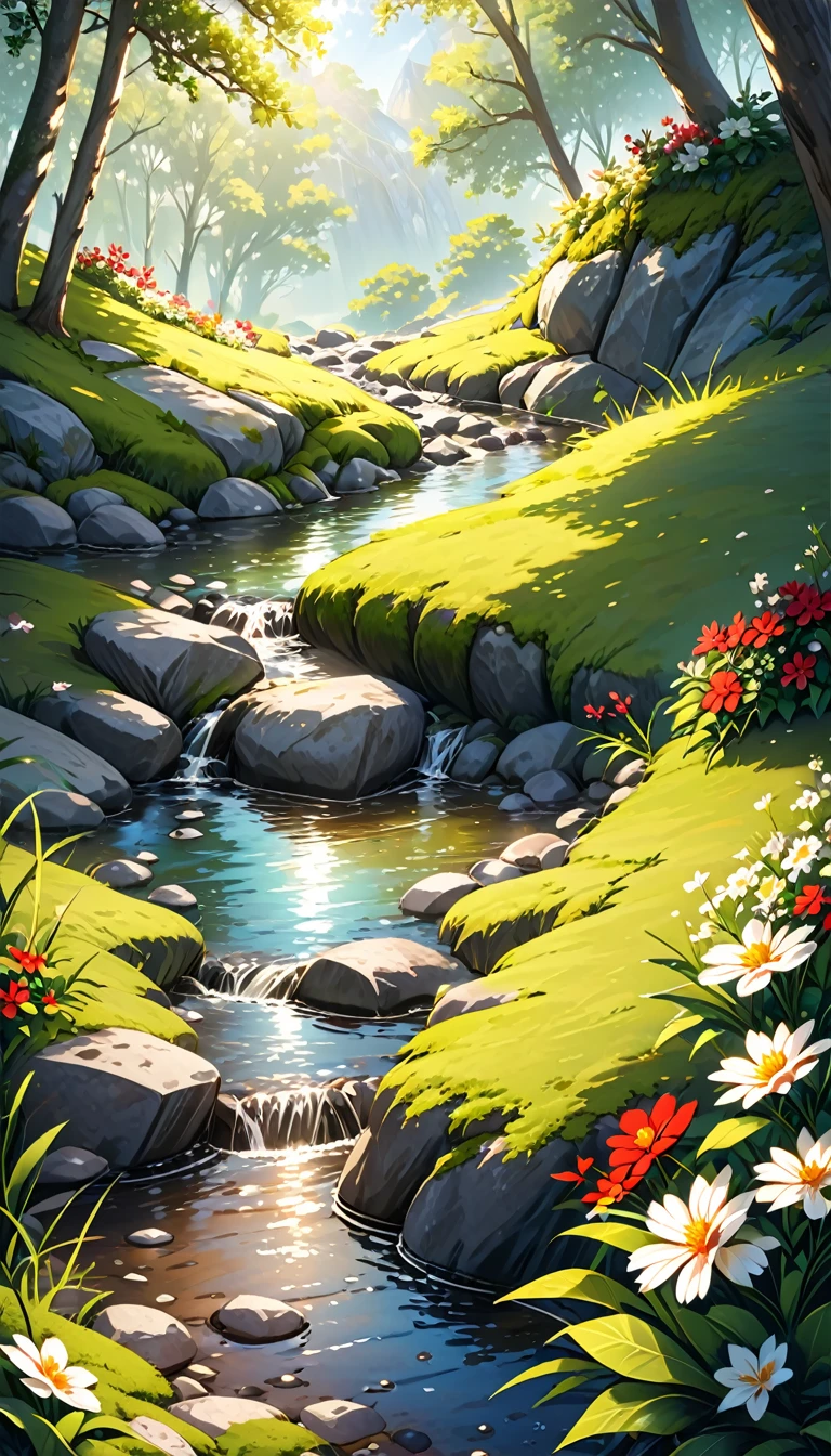 Creek,Water Flow,stone,Green Jungle,high-definition,Realistic style,Close-up,Low Angle of View,Light spot,moss,Small Flower,Grass,The stone in the lower center of the picture,Natural Scenes,Bright colors,Large aperture,Close shot,blur background/Bokeh,lens flare