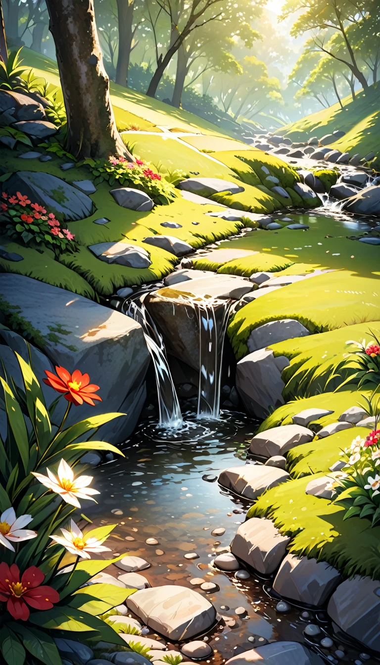 Creek，Water Flow，stone，Green Jungle，high-definition，Realistic style，Close-up，Low Angle of View，Light spot，moss，Small Flower，Grass，The stone in the lower center of the picture，Natural Scenes，Bright colors，Large aperture,Close shot,blur background/Bokeh,lens flare