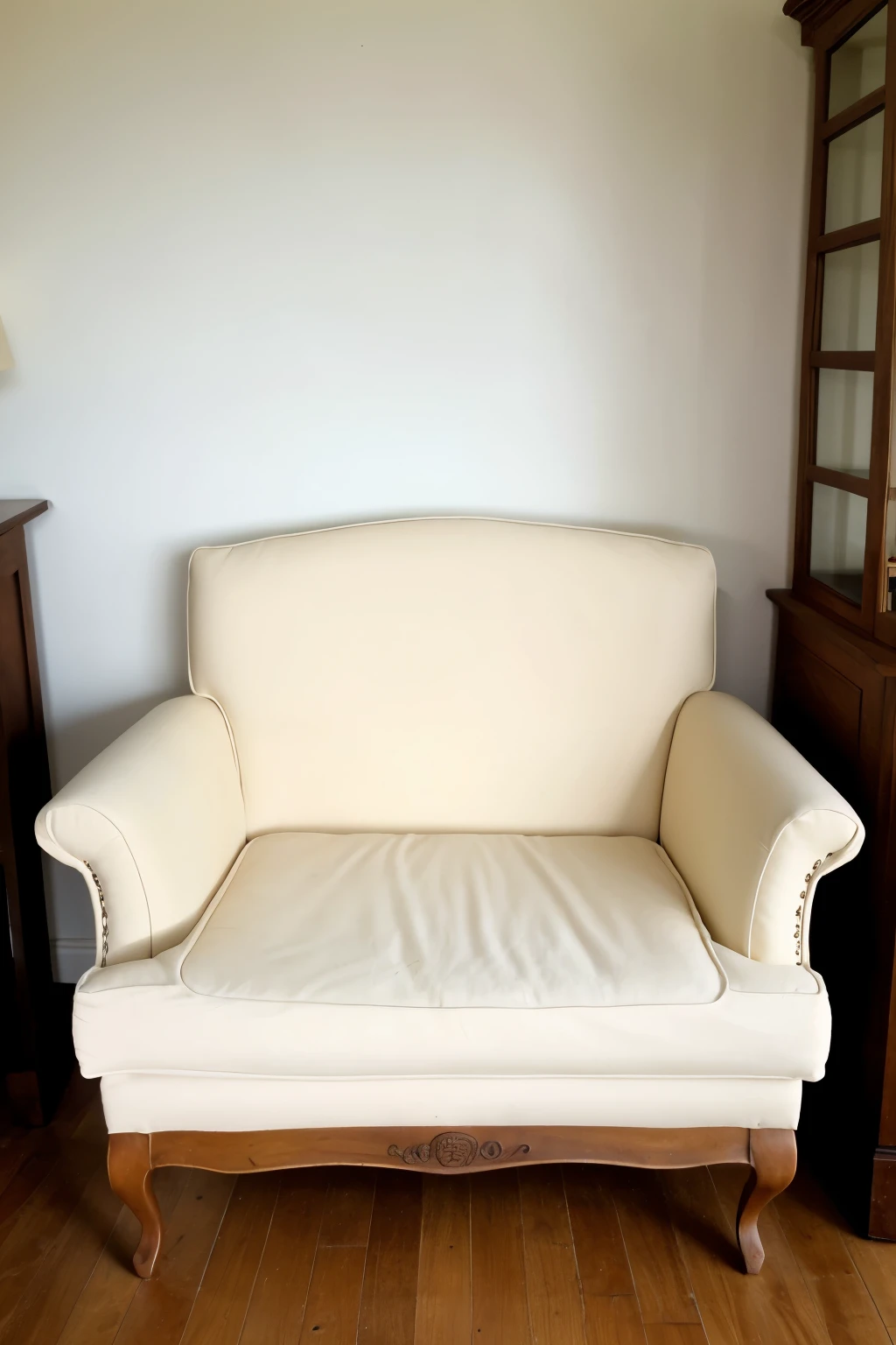 A cream classic sofa with wooden frame and thigh arms in a hous with classic items