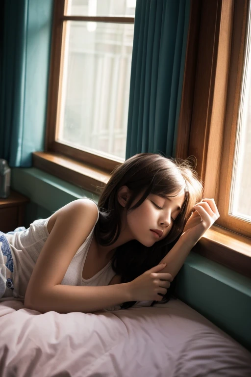 Sleeping by the window in the room20Images of age women、It's raining in the background and the curtains are fluttering.