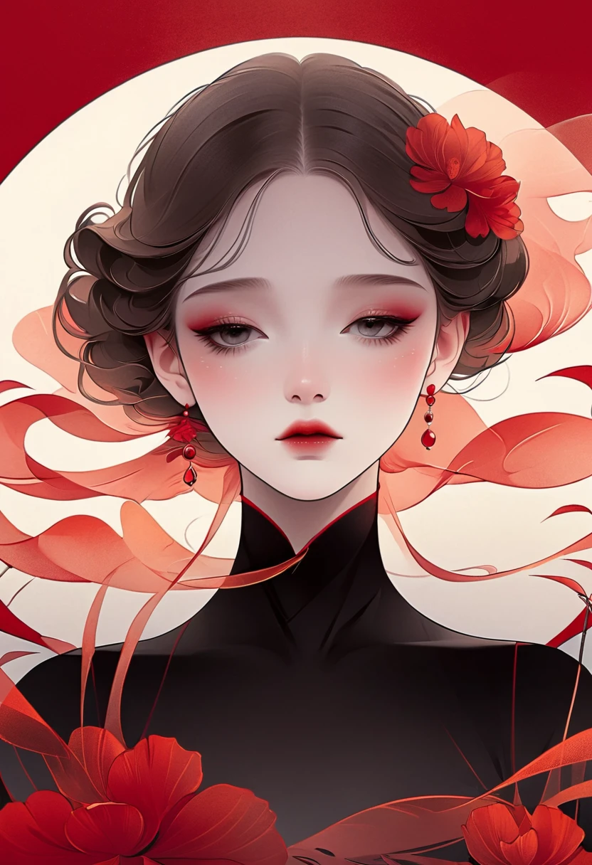 (masterpiece, best quality:1.2), 1 girl, alone,beautiful face,Red Reminimalist Art Nouveau,illustration style,black and red