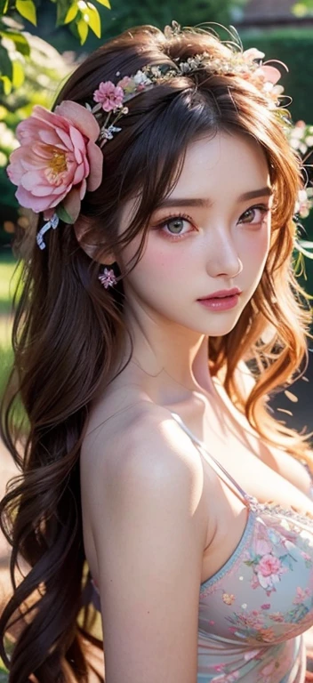 a woman with delicate features,long wavy hair,wearing a fairy lingerie set,soft pastel colors,floral details,whimsical garden,oversized flowers,butterflies,intricate details,highly detailed face,beautiful eyes,lush foliage,dazzling lighting,photorealistic,masterpiece,cinematic lighting,warm color tones,vibrant colors,magical realism