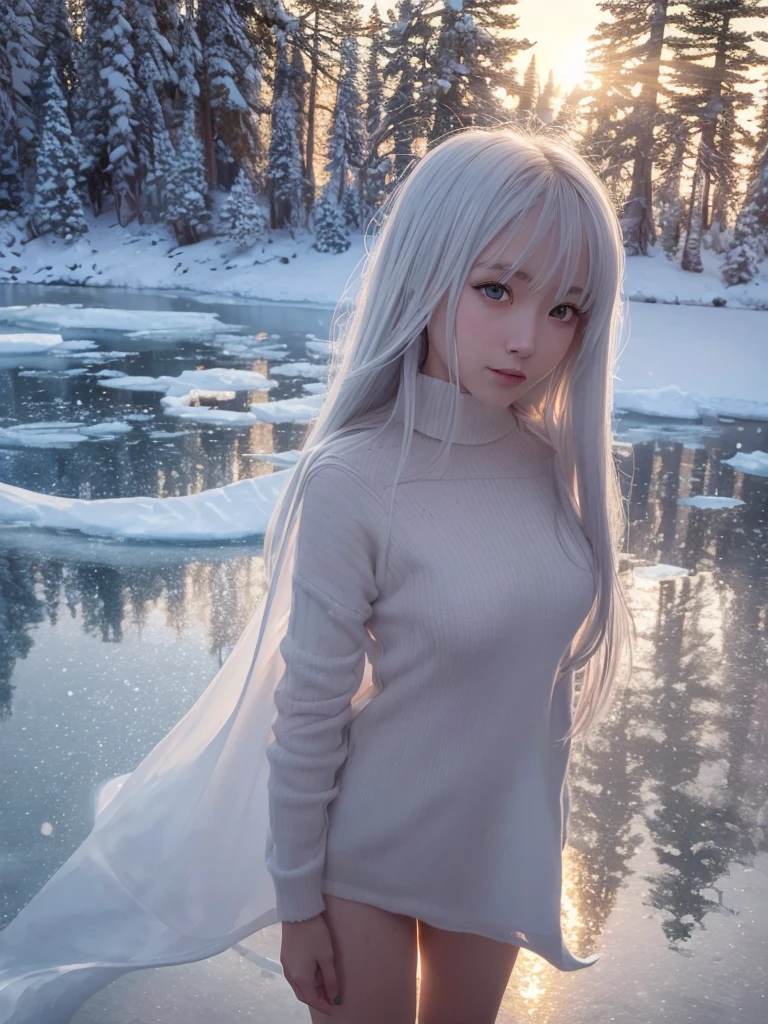 /imagine prompt: A close-up anime-style scene of a 20-year-old woman with the upper body of a human and the lower body of an ice scorpion, standing at the edge of a frozen lake, looking out over the icy expanse. The background includes a clear, ice-covered lake with reflections of snowy pine trees. The setting sun casts a warm light, contrasting with the cold environment. Created Using: digital painting software, influenced by winter fantasy themes, warm and cool color contrast, detailed ice reflections, soft lighting, hd quality, natural look --ar 16:9 --v 6.0