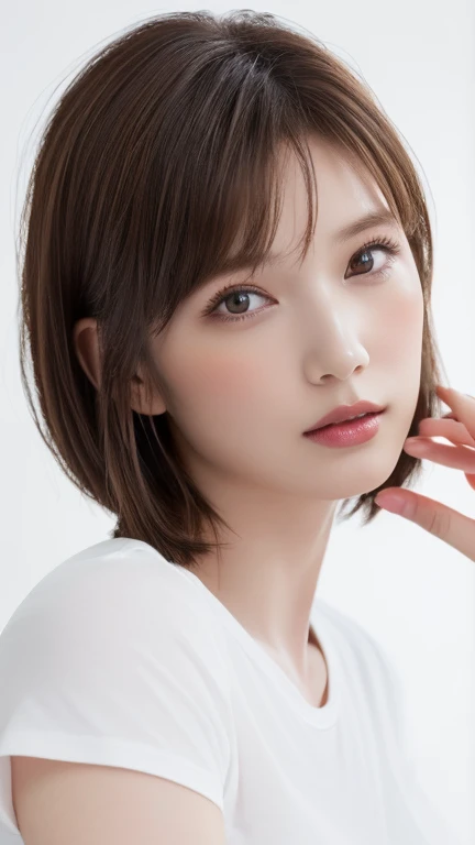 (Highest quality、8k、32K、masterpiece)、(Realistic)、(Realistic:1.2)、(High resolution)、Very detailed、Very beautiful face and eyes、1 girl、Round and small face、Tight waist、Delicate body、(close、Highest quality、Attention to detail、Rich skin detail)、(Highest quality、8k、Oil paints:1.2)、Very detailed、(Realistic、Realistic:1.37)、Bright colors、(((blush)))、(((I am brunette)))、(((Bust Shot)))、((short hair、ponytail))、(((Pure white wall background)))、(((She is wearing a white T-shirt)))、(((Pure white wall background)))、(((It is a short-sleeved T-shirt)))、(((I put my hands on my head)))