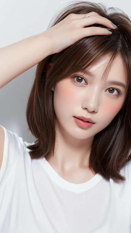 (Highest quality、8k、32K、masterpiece)、(Realistic)、(Realistic:1.2)、(High resolution)、Very detailed、Very beautiful face and eyes、1 girl、Round and small face、Tight waist、Delicate body、(close、Highest quality、Attention to detail、Rich skin detail)、(Highest quality、8k、Oil paints:1.2)、Very detailed、(Realistic、Realistic:1.37)、Bright colors、(((blush)))、(((I am brunette)))、(((Bust Shot)))、((short hair、ponytail))、(((Pure white wall background)))、(((She is wearing a white T-shirt)))、(((Pure white wall background)))、(((It is a short-sleeved T-shirt)))、(((I put my hands on my head)))