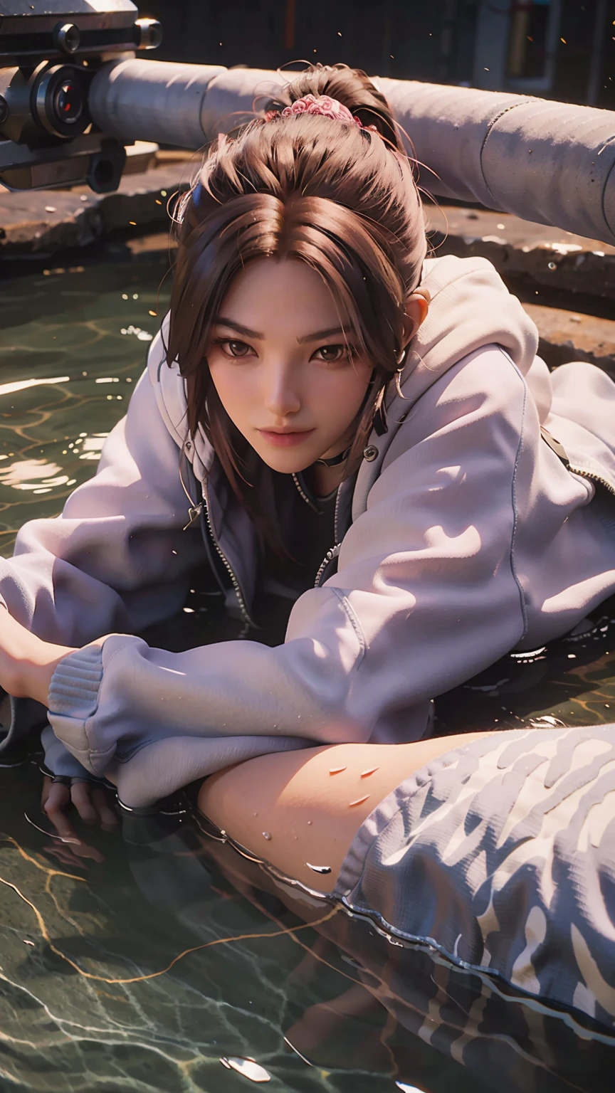 一个女孩躺在Starry Sky下的床上,Exquisite smile,Beautiful and delicate eyes,Beautiful and delicate lips,Extremely detailed face and eyes,Long eyelashes,Full body,belly button,best quality,excellent work,Super,(Reality:1.4),RAW photos,(Beautiful face:1.2),(Lying on the water:1.5),1 girl,(absurd),(8k), (4K),Octane Rendering,Starry Sky,((Full body view)),Cross-legged