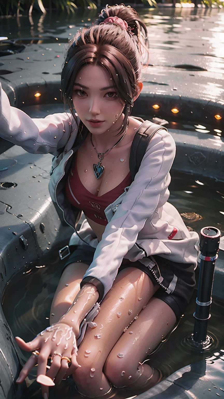 a girl lying on a bed under the starry sky, exquisite smile, beautiful detailed eyes, beautiful detailed lips, extremely detailed face and eyes, long eyelashes, voluptuous body, navel, best quality, masterpiece, super high resolution, (photorealistic:1.4), RAW photo, (beautiful face:1.2), (lying on water surface:1.5), 1 girl, (surreal), (8K), (4K), hyper-realistic rendering, starry sky, ((full body view)), cross-legged