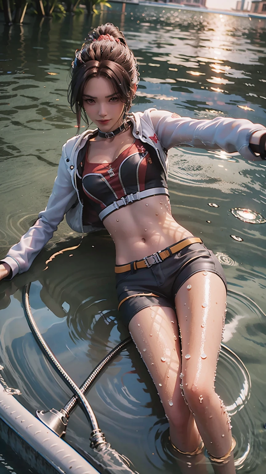 a girl lying on a bed under the starry sky, exquisite smile, beautiful detailed eyes, beautiful detailed lips, extremely detailed face and eyes, long eyelashes, voluptuous body, navel, best quality, masterpiece, super high resolution, (photorealistic:1.4), RAW photo, (beautiful face:1.2), (lying on water surface:1.5), 1 girl, (surreal), (8K), (4K), hyper-realistic rendering, starry sky, ((full body view)), cross-legged