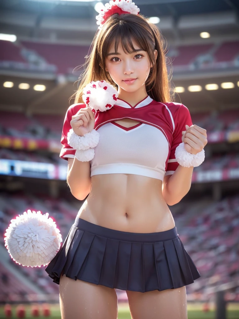 masterpiece, Highest quality, Very detailed, High resolution, (Realistic, photoRealistic:1.37), Excellent anatomy, One beautiful woman, 18-year-old, Height: 152cm, Cheerleader, (Holding a pom-pom in both hands:1.5), A small smile, cheer leading, Cheerleader uniform, (shape), Micro Pleated Mini Skirt, No underwear, ((Very delicate and beautiful)), ((Stadium Background:1.2)), Brown Hair, Long Hair, bangs, Very beautiful face, Cute type, Big Natural Color Lip, Small and cute nose, Big and pretty eyes, Brown eyes, Obvious double, Shiny highlight spots around the eyes, Character Focus, Tilt your head, The best light, Best Shadow, mysterious, Perfect Face, Very detailed, Soft Skin, (Glowing Skin, Sweaty: 1.5), Beautiful feet, Voluptuous thighs, Plump body, Huge breasts, (Expresses the roundness and softness of the chest area.........1), Beautiful body, (The perfect woman), Spread your legs, ((Provocative dynamic pose)), Skirt flip, (Spreading pussy:1.5)