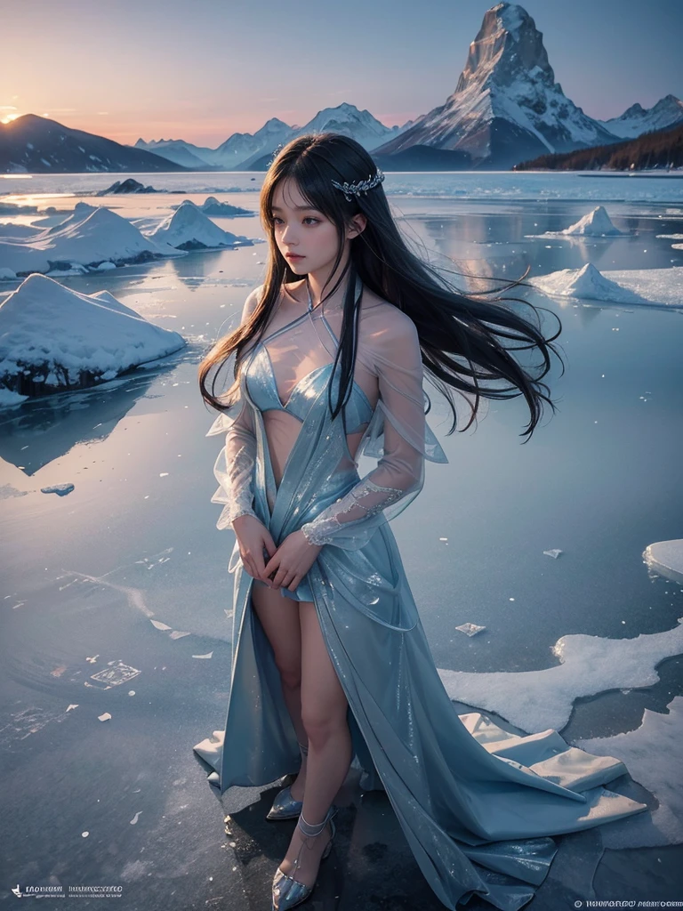 An enchanting anime-style close-up of a 20-year-old woman with the upper body of a human and the lower body of an ice scorpion, standing by an ice lake, looking out into the distance. The background showcases an icy lake with delicate ice patterns and snow-covered mountains. Soft twilight hues blend with the cold blue tones of the ice, creating a magical atmosphere. Created Using: digital art software, inspired by fantasy anime, twilight lighting, intricate ice details, soft shadows, hd quality, natural look --ar 16:9 --v 6.0