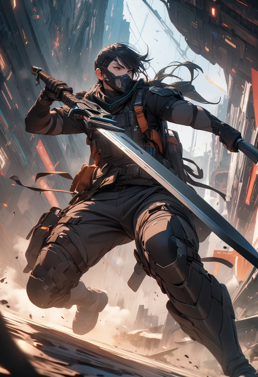 masterpiece, 8k, best quality, highly detailed, futuristic, high tech, male ninja wielding a serrated military dagger