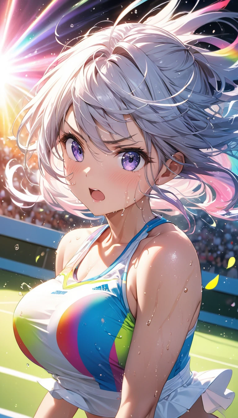 (Sports magazine cover photo), Highest quality, Great quality, 16K, Unbelievably absurd, Very detailed, delicate and dynamic, Natural light, The particles reflect light, Diffuse reflection of light, Many rainbow-colored petals fall, Beautiful field, Sparkling Sun, Diffuse reflection of light, Create amazing image effects, , Wet, sweating, Tennis, receive, Close-up(Cute sexy girl, big bouncing busts, Sensual expression, Cool girl, Serious, passion, Dynamic, Flashy tennis wear, ,audience , much-air-laden cheer)