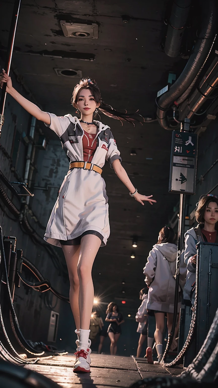 ((Biologically correct number of limbs))、(( Full body image(Including the face)))、4K、masterpiece、((Focus on the face))、The eyes are described in detail、Beautiful woman、Outstanding style、Beautiful legs、beautiful hands、(slim)、Facial details、Small earrings、necklace、(white shiny、Shiny dress、radiant skin)Smile、(Beautiful legsのアップ)、Sweat,Starry Sky,Starry Sky背景,Deep View,above water