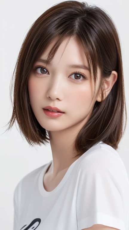 (Highest quality、8k、32K、masterpiece)、(Realistic)、(Realistic:1.2)、(High resolution)、Very detailed、Very beautiful face and eyes、1 girl、Round and small face、Tight waist、Delicate body、(close、Highest quality、Attention to detail、Rich skin detail)、(Highest quality、8k、Oil paints:1.2)、Very detailed、(Realistic、Realistic:1.37)、Bright colors、(((blush)))、(((I am brunette)))、(((Bust Shot)))、((short hair、ponytail))、(((Pure white wall background)))、(((She is wearing a white T-shirt)))、(((Pure white wall background)))、(((It is a short-sleeved T-shirt)))、