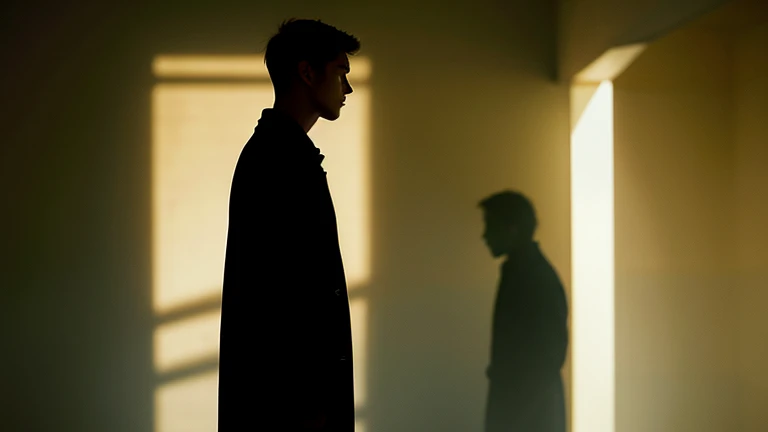 ((Highest quality)), ((masterpiece)),
Confronting oneself:
- Confrontation: The protagonist and his shadow face each other. The shadow has the same appearance as the protagonist, but his eyes are hollow. Japanese, university student