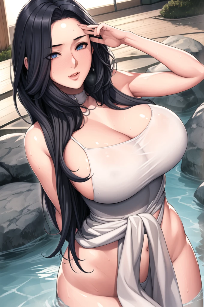 East Asian architecture,hot spring,Half of the body is submerged in water,
White towel around her chest and Waist, 
Long Hair, bangs, blue eye, Black Hair,
1 girl, 20-year-old,young woman,beautiful Finger,beautiful long legs,beautiful body,beautiful Nose,beautiful character design, perfect eye, perfect face,expressive eye,Perfect balance,
View your viewers,(Focus on her face),Mouth closed, (Innocent_big_eye:1.0),Light_笑face,
Official Art,Very detailed CG ユニティ 8k 壁紙, Perfect lighting,colorful, bright_front_face_Lighting,White skin,
(masterpiece:1.0),(Highest_quality:1.0), 超High resolution,4K,Very detailed,
photograph, 8k, High resolution, High resolution, Absurd:1.2, 400 for Kodak Port, Film Grain, Blurred Background, Bokeh:1.2, Lens flare, (Vibrant_color:1.2),プロのphotograph,
(beautiful,big_chest:1.4), (beautiful_face:1.5),(narrow_Waist),