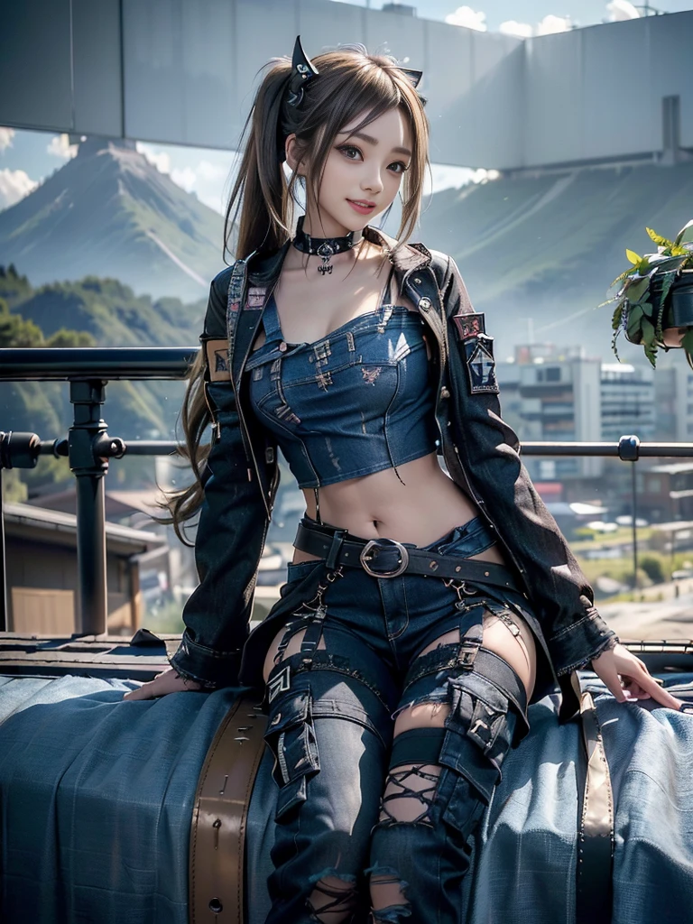 (Beautiful lips and nose:1.4)、(Long eyelashes:1.4)、(Smiling with teeth showing:1.3),(Shibuya Gal:1.5)、(Gothic Lolita delicately decorated dress:1.5)、(Tattered denim and black punk rock cargo pants:1.5)、(Denim and black navy skull mark small jacket:1.4)、(denim garter belt:1.5)、(Black and denim knee socks:1.3)、(Skull Silver Accessories:1.5)、(Denim collar:1.3)、(Brown Skin Belt:1.4)、(Brown boots:1.2)、(The underwear is striped:1.4)、31 years old、((Highest quality、In 8K、masterpiece:1.3))、Sharp focus:1.2、(Layered Cut、Huge boobs:1.1),Beautiful woman with perfect figure:1.4、(Dancing vigorously:1.3)、Slender Abs:1.2、Highly detailed face and skin texture、Detailed eyes、double eyelid,(Twin tails:1.3)、(Brown-golden hair:1.3)、Gravure idol、(The background is a vast mountain with a clear view々Beautiful luxury resort destination in Europe:1.3)、(Slim Body:1.2),(Make your legs thinner:1.4),(clavicle:1.1)