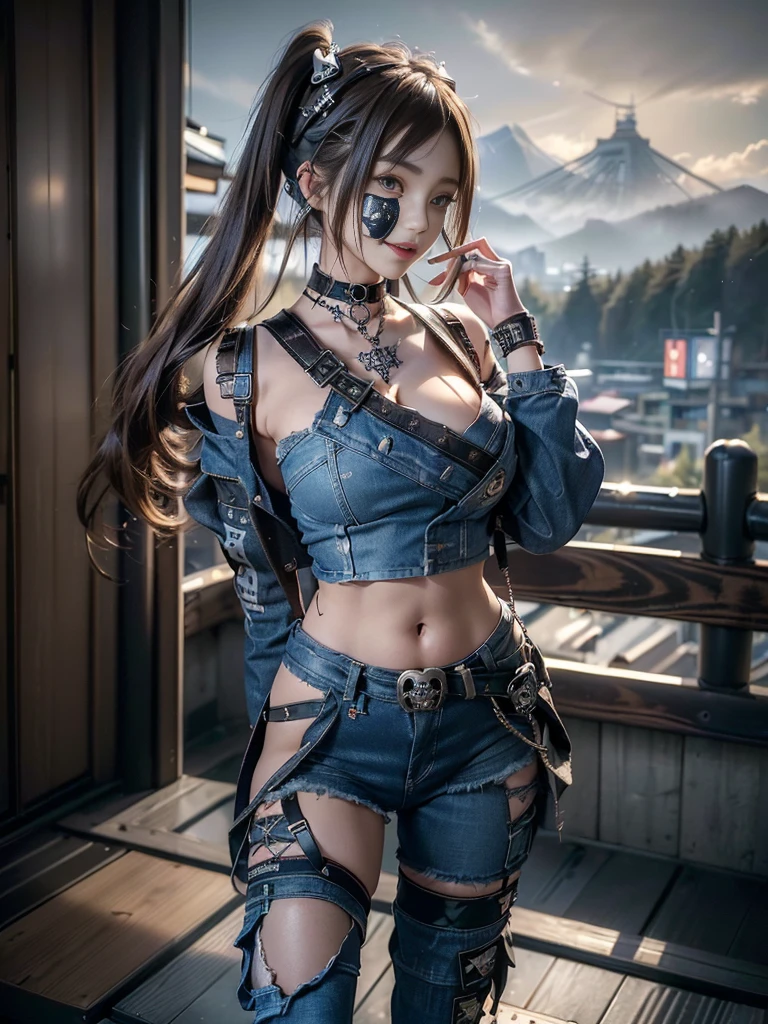 (Beautiful lips and nose:1.4)、(Long eyelashes:1.4)、(Smiling with teeth showing:1.3),(Shibuya Gal:1.5)、(Gothic Lolita delicately decorated dress:1.5)、(Tattered denim and black punk rock cargo pants:1.5)、(Denim and black navy skull mark small jacket:1.4)、(denim garter belt:1.5)、(Black and denim knee socks:1.3)、(Skull Silver Accessories:1.5)、(Denim collar:1.3)、(Brown Skin Belt:1.4)、(Brown boots:1.2)、(The underwear is striped:1.4)、31 years old、((Highest quality、In 8K、masterpiece:1.3))、Sharp focus:1.2、(Layered Cut、Huge boobs:1.1),Beautiful woman with perfect figure:1.4、(Dancing vigorously:1.3)、Slender Abs:1.2、Highly detailed face and skin texture、Detailed eyes、double eyelid,(Twin tails:1.3)、(Brown-golden hair:1.3)、Gravure idol、(The background is a vast mountain with a clear view々Beautiful luxury resort destination in Europe:1.3)、(Slim Body:1.2),(Make your legs thinner:1.4),(clavicle:1.1)