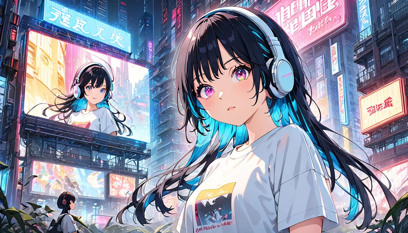 Striped Hair, Shine髪, Hair Pod, Variegated eyes, Modern, anime, Cinema Lighting, Shine, Zoom Layer, throw, Ultra-high resolution, Textured skin, Super Detail, high quality, 最high quality, Attention to detail, masterpiece,, Futuristic metropolis, Neon Light, Midnight, (Oversized T-shirt)、(Headphones)