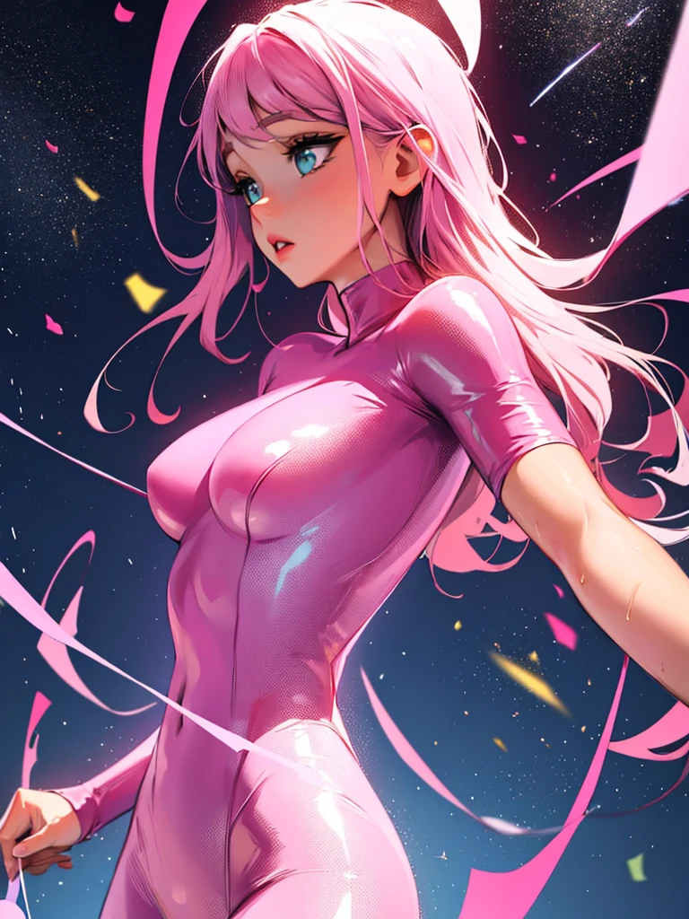 A beautiful girl wearing a beautiful sparkling pastel pink tight bodysuit