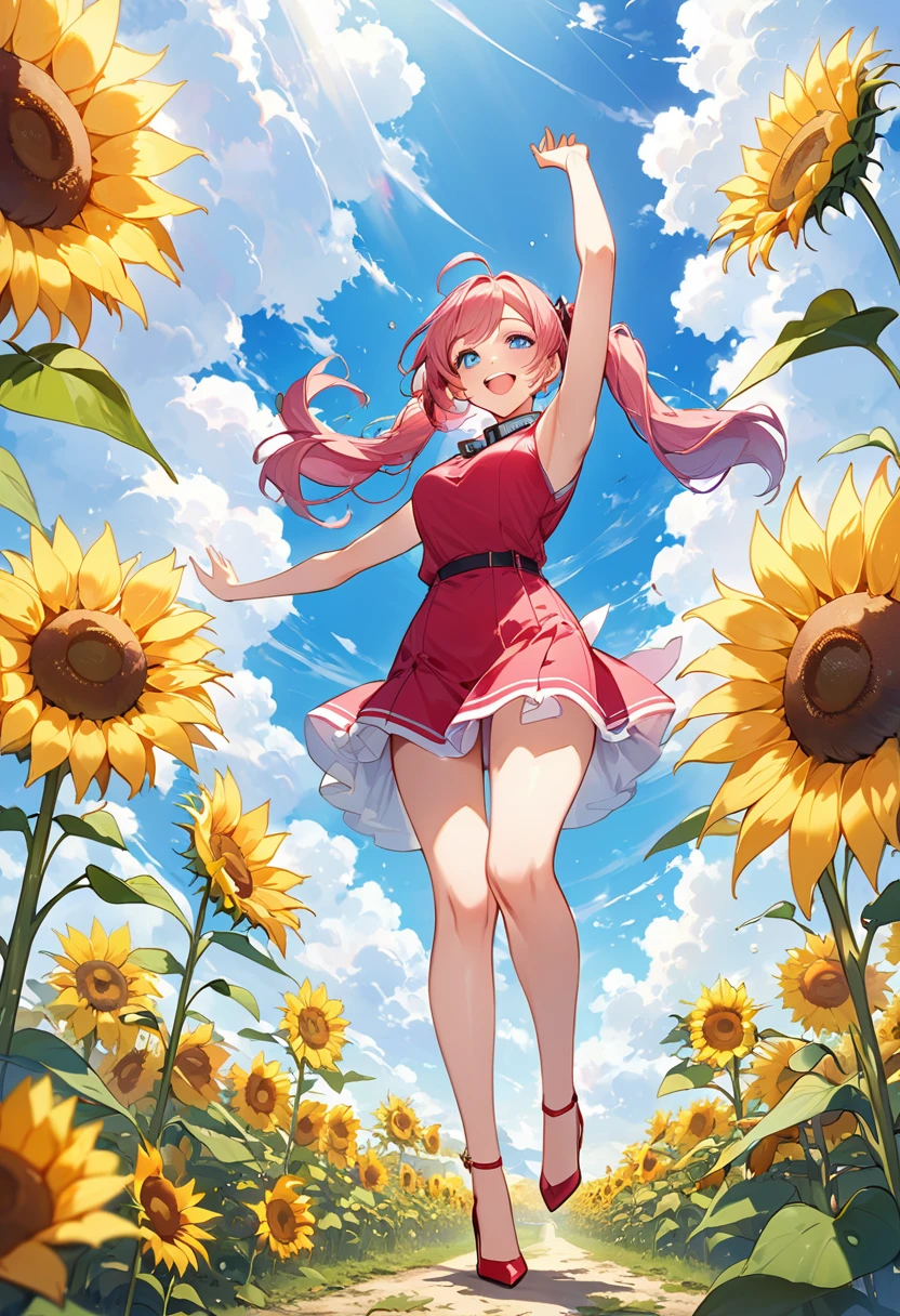 Highest quality、High resolution、Detailed Background、Beautiful face in every detail、Anatomically correct、Detailed facial expressions、fine grain、((full body, from below:1.8, side shot)), break ((One Woman:1.2)、(Woman in her 20s:1.2))、Beautiful hair color、Big beautiful blue eyeakeup、Fuller lips、Pink Lips、Braided twin tails、Ahoge、(Walking through a sunflower field:1.2)、(Tight sleeveless summer clothing with a large collar、Tight mini skirt、High heels)、break ((Like a model々Walk with:1.2))、((Put your arms above your head:1.2))、I have nothing in my hands)、(Happy expression:1.2、Big smile:1.2)、Sweat、break (The background is the summer sky、Summer Clouds、Flower storm、((Big Frog:1.2)))