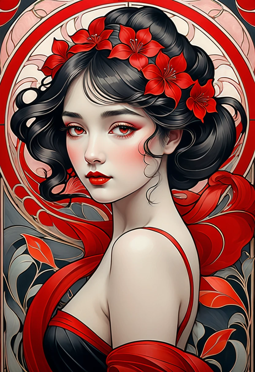 (masterpiece, best quality:1.2), 1 girl, alone,beautiful face,Red Reminimalist Art Nouveau,illustration style,black and red