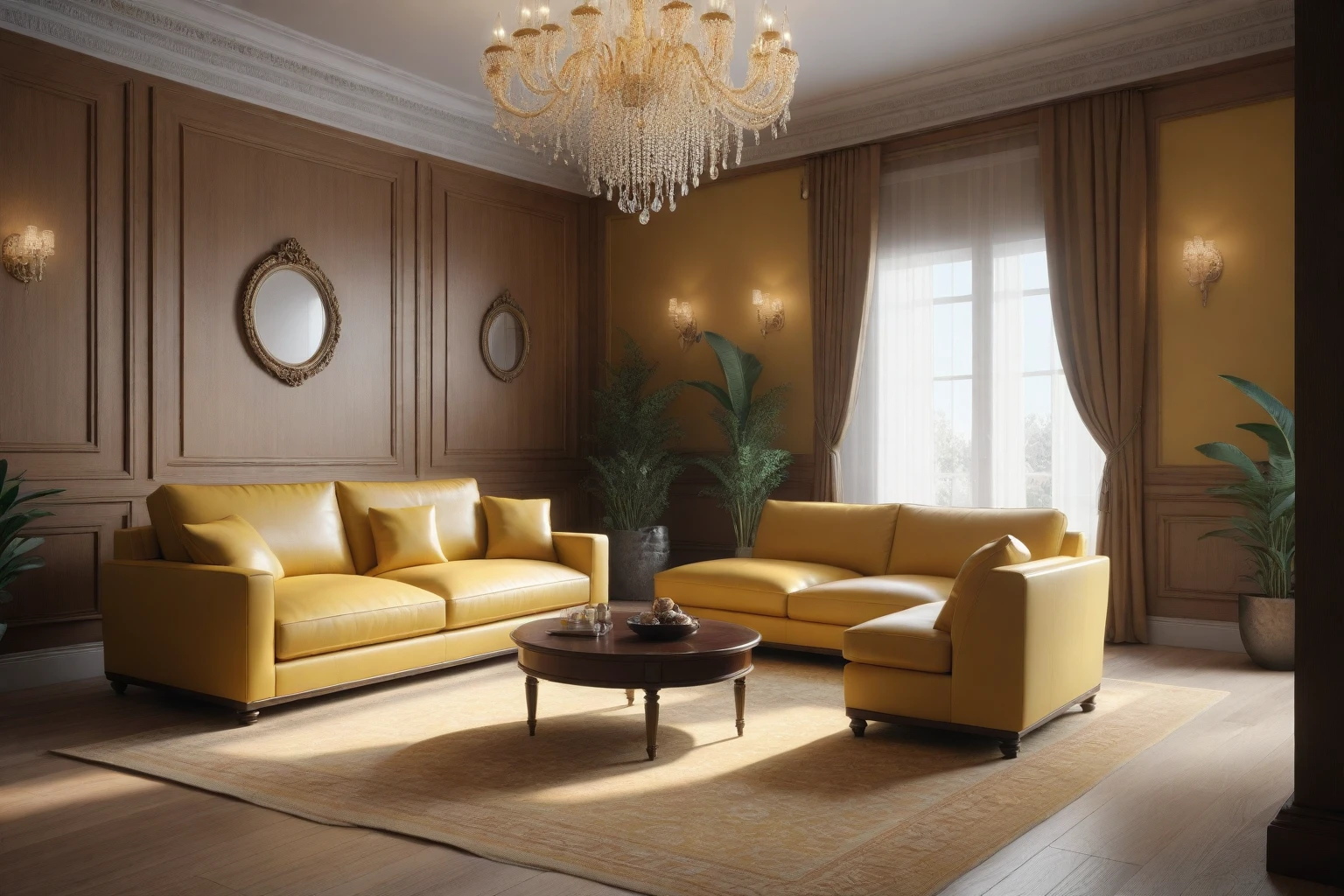 RAW photo, masterpiece, a view of a ( LIVING ROOM :1.3) with a couch, chairs, and a chandelier, highly detailed interior, neo - classical style, neoclassical style, neoclassicism style, interior architect architectural visualization, neoclassical style, in style of classicism, white light sun, rendered in vray, rendered in v-ray, rendered in unreal engine 3d, (photorealistic:1.2), (photorealistic:1.5), best quality, ultra high res, architechture, (leather sofa detail:1.5), neoclassic house, (detailed railing neoclassic:1.5), luxury neoclassical villa, (mable floor details:1.5), (detailed neoclassical carpet:1.5), in the style of neoclassical scene, glass windows, best quality, (Intricate lines:1.5), ((Photorealism:1.5)),(((hyper detail:1.5))), archdaily, award winning design, (dynamic light:1.3), (day light:1.2), (perfect light:1.3), (shimering light :1.4), refection glass windows, (curved line architecture arch:1.2), photorealistic, FKAA, TXAA, RTX, SSAO, Post Processing, Post-Production, CGI, VFX, SFX, Full color,((Unreal Engine 5)), Canon EOS R5 Camera + Lens RF 45MP full-frame CMOS sensor, HDR, Realistic, Cinematic intricate detail, extreme detail, science, hyper-detail, FKAA, super detail, super realistic, crazy detail, intricate detail, nice color grading, reflected light on glass, eye-catching wall lights, unreal engine 5, octane render, cinematic, trending on artstation, High-fidelity, Viwvid, Crisp, Sharp, Bright, Stunning, ((Lifelike)), Natural, ((Eye-catching)), Illuminating, Flawless, High-quality,Sharp edge rendering, medium soft lighting, photographic render, detailed archviz, ((( Pachyloba, Doussie, Afzelia wooden : 1.7 ))), ((( yellow organge Tone : 1.3 )))