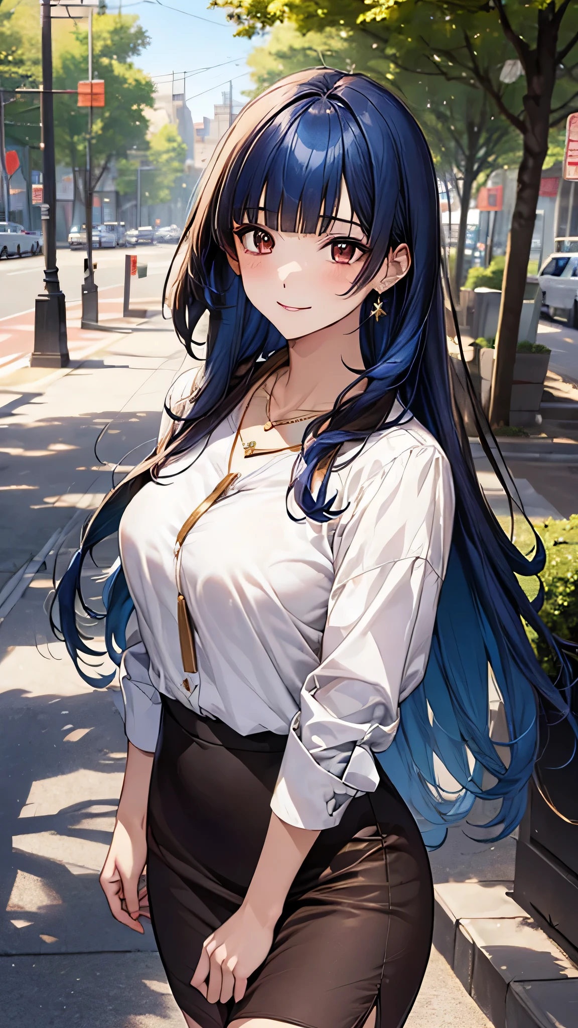 ((Highest quality, High resolution, masterpiece, detailed)),
Cowboy Shot, Written boundary depth, View your audience, Anatomically correct, 1people, woman, Perfect Face, Cute and symmetrical face, Shiny skin,
(Long Hair, Blunt bangs, Blue Hair), Chestnut brown eyes, (Large Breasts:0.8),
Beautiful details, Beautiful Hair, Beautiful Face, Beautiful clavicle, Beautiful body, Beautiful breasts, Beautiful thighs, Beautiful feet,
(White collared shirt, Red short pencil skirt, Golden Necklace),
(Beautiful views), evening, summer, walk, Tree-lined street, (Cute Smile),