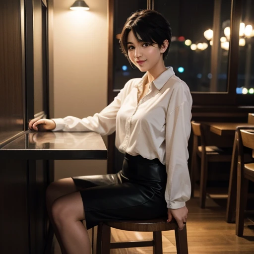 (8k, best quality, masterpiece:1.2), (realistic, photo-realistic:1.37), ultra-detailed solo, beautiful detailed sky, detailed cafe,night,sitting,dating,(nose blush),(smile:1.15),(closed mouth) small breasts, beautiful detailed eyes,(shirt:1.1), night, wet, rain,white lace, (short hair:1.2),floating hair NovaFrogStyle, ((full body)),stand, sexy, cute