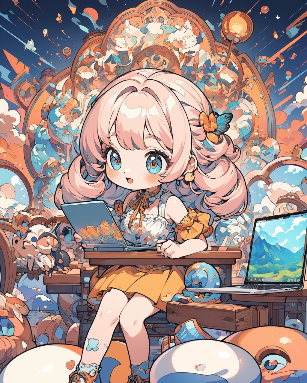 cartoon girl sitting at a desk with a laptop computer, cartoon style illustration, digital anime illustration, in the art style of bowater, in style of digital illustration, illustration style, beautiful illustration, cute detailed digital art, beautiful digital illustration, stunning art style, trending on artstration, proffesional illustration, cute digital art, procreate illustration, beautiful drawing style
