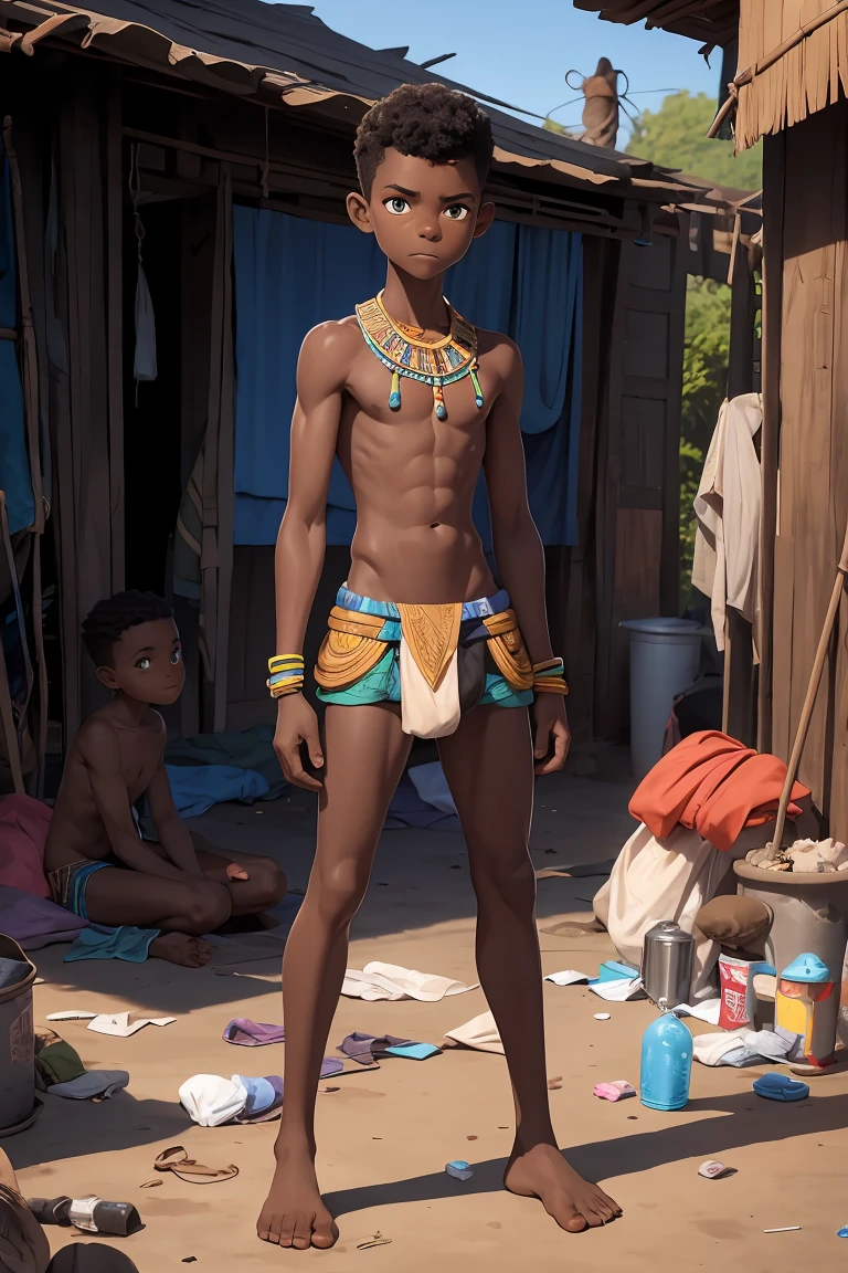 African boy.thin figure,Emaciated figure,A little bit of abdominal muscle contouring,skin glow,(Three-dimensional crotch),(Big bulge in crotch),Wearing African tribes style briefs,African tribes,Half kneeling on the ground,Slum garbage dump background,beggar,Soaked all over,sweating