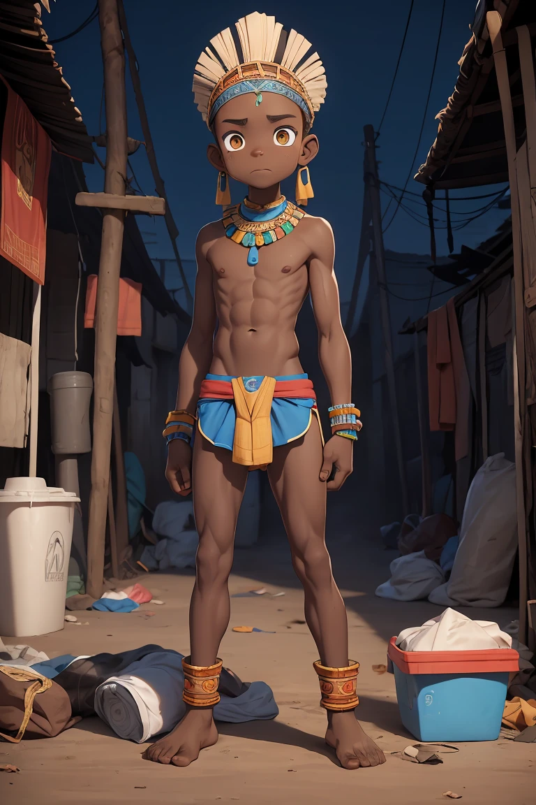 African boy.thin figure，Emaciated figure，A little bit of abdominal muscle contouring，skin glow，（Three-dimensional crotch），（Big bulge in crotch），Wearing African tribes style briefs，African tribes，Half kneeling on the ground，Slum garbage dump background，beggar，Soaked all over，sweating