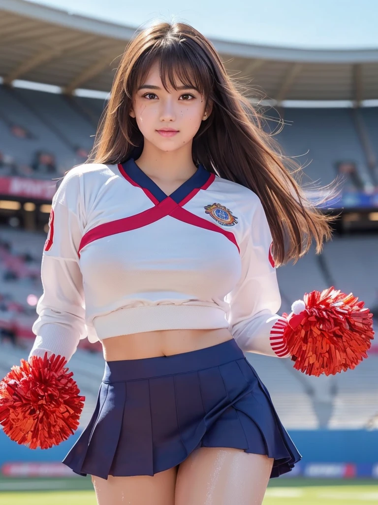 masterpiece, Highest quality, Very detailed, High resolution, (Realistic, photoRealistic:1.37), Excellent anatomy, One beautiful woman, 18-year-old, Height: 152cm, Cheerleader, (Holding a pom-pom in both hands:1.5), A small smile, cheer leading, Cheerleader uniform, (shape), Micro Pleated Mini Skirt, No underwear, ((Very delicate and beautiful)), ((Stadium Background:1.2)), Brown Hair, Long Hair, bangs, Very beautiful face, Cute type, Big Natural Color Lip, Small and cute nose, Big and pretty eyes, Brown eyes, Obvious double, Shiny highlight spots around the eyes, Character Focus, Tilt your head, The best light, Best Shadow, mysterious, Perfect Face, Very detailed, Soft Skin, (Glowing Skin, Sweaty: 1.5), Beautiful feet, Voluptuous thighs, Plump body, Huge breasts, (Expresses the roundness and softness of the chest area.........1), Beautiful body, (The perfect woman), Spread your legs, ((Provocative dynamic pose)), Skirt flip, (Spreading pussy:1.5)