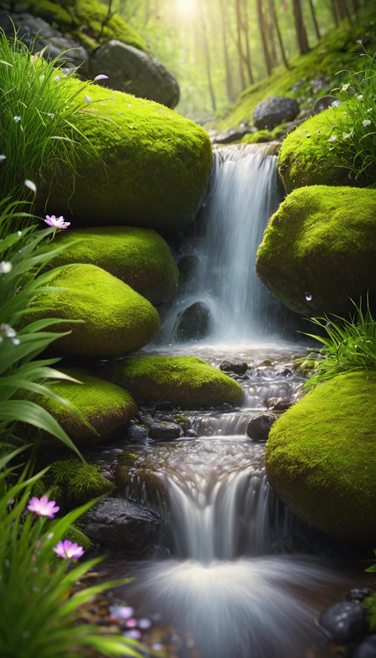Creek,Water Flow,stone,Green Jungle,high-definition,Realistic style,Close-up,Low Angle of View,Light spot,moss,Small Flower,Grass,The stone in the lower center of the picture,Natural Scenes,Bright colors,Large aperture,Close shot,blur background/Bokeh,lens flare