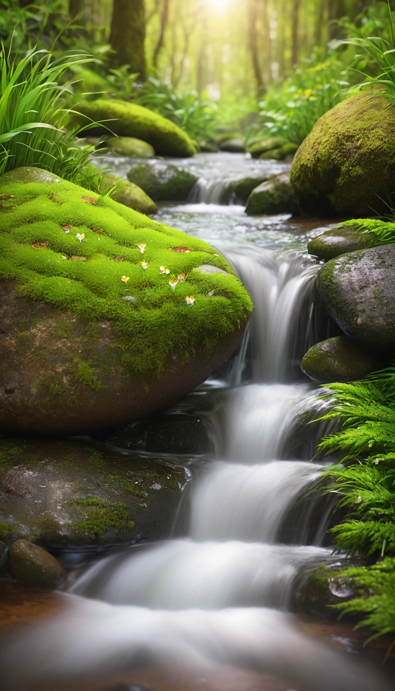 Creek，Water Flow，stone，Green Jungle，high-definition，Realistic style，Close-up，Low Angle of View，Light spot，moss，Small Flower，Grass，The stone in the lower center of the picture，Natural Scenes，Bright colors，Large aperture,Close shot,blur background/Bokeh,lens flare