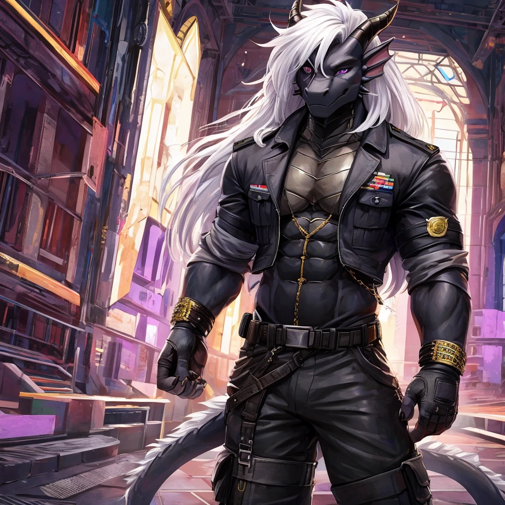 solo, Anthro dragon with black scales and purple plates, muscular body. long white hair. white shirt with rolled-up sleeves, black vest that hugs torso, strict trousers. black fingerless gloves with embedded gold brass knuckles are worn on the wrists. knee-high legs replaced with military prostheses, right eye is covered with black leather straps