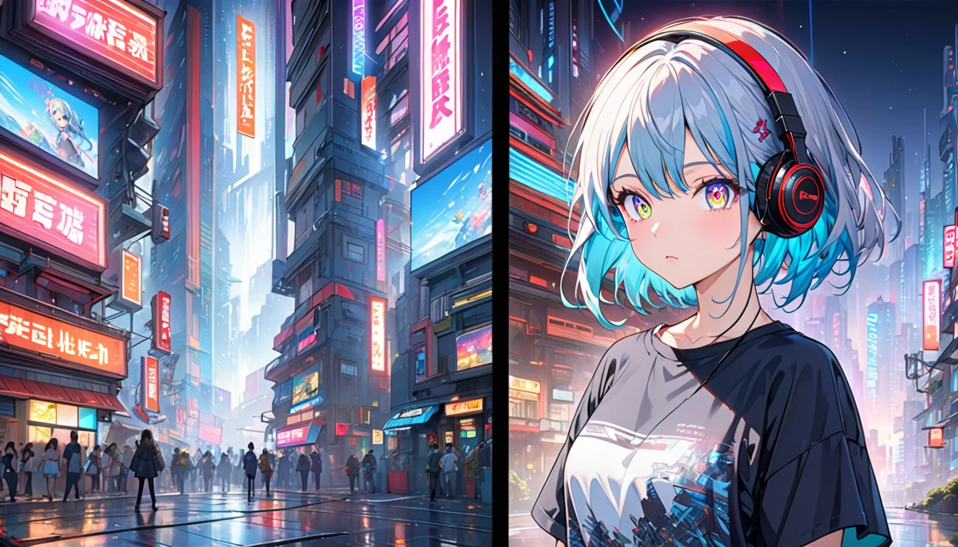 Striped Hair, Shine髪, Hair Pod, Variegated eyes, Modern, anime, Cinema Lighting, Shine, Zoom Layer, throw, Ultra-high resolution, Textured skin, Super Detail, high quality, 最high quality, Attention to detail, masterpiece,, Futuristic metropolis, Neon Light, Midnight, (Oversized T-shirt)、(Headphones)