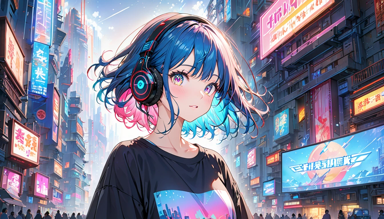 Striped Hair, Shine髪, Hair Pod, Variegated eyes, Modern, anime, Cinema Lighting, Shine, Zoom Layer, throw, Ultra-high resolution, Textured skin, Super Detail, high quality, 最high quality, Attention to detail, masterpiece,, Futuristic metropolis, Neon Light, Midnight, (Oversized T-shirt)、(Headphones)