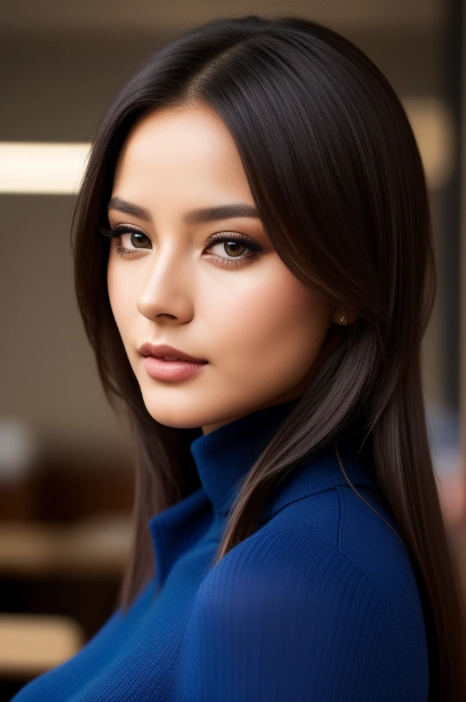 Very sexy pictures (Embu_Theron:0.99), Woman as sexy student, Close-up portrait of swept up hair, (Cobalt blue tight long sleeve turtleneck top), At the cantina bar (masterpiece:1.5) (Realistic:1.1) (Bokeh) (Highest quality) (Detailed skin texture、hair穴、hair:1.1) (Complex) (8k) (High resolution) (wallpaper) (Cinema Lighting) (Sharp focus), (eyeliner)
