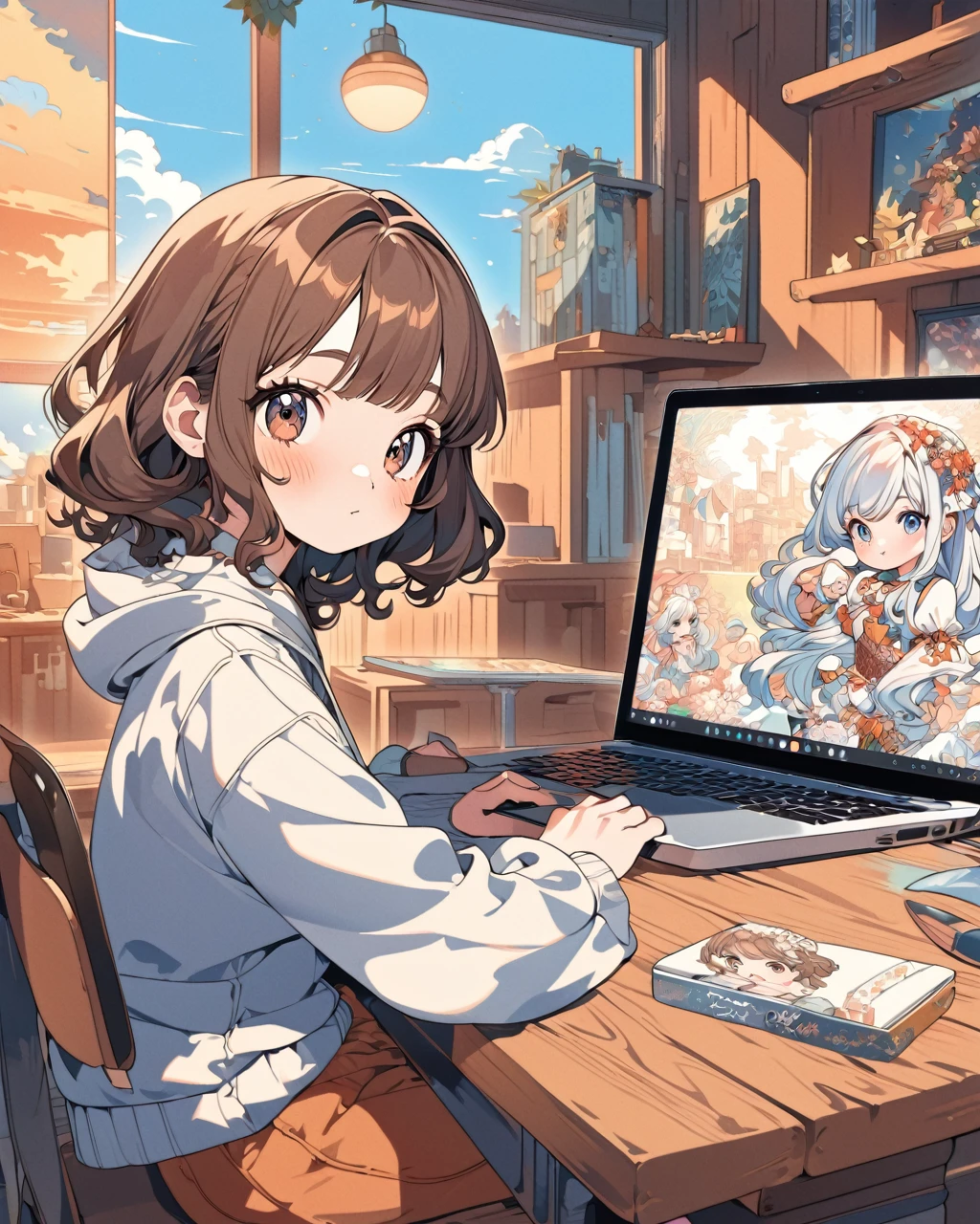 Anime style illustration girl sitting at a desk with a laptop computer, cartoon style illustration, digital anime illustration, in the art style of bowater, in style of digital illustration, illustration style, beautiful illustration, cute detailed digital art, beautiful digital illustration, stunning art style, trending on artstration, proffesional illustration, cute digital art, procreate illustration, beautiful drawing style