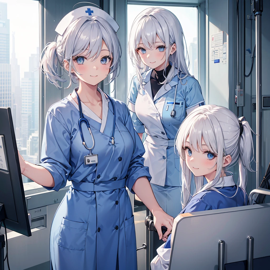 nursing aide,one girl,blue or white scrubs,not wearing a hat or cap,Facing forward,smile,silver hair, A nurse aide without a nurse cap, nothing on her head ,standing in a hospital setting, smiling, and attending to a patient.
