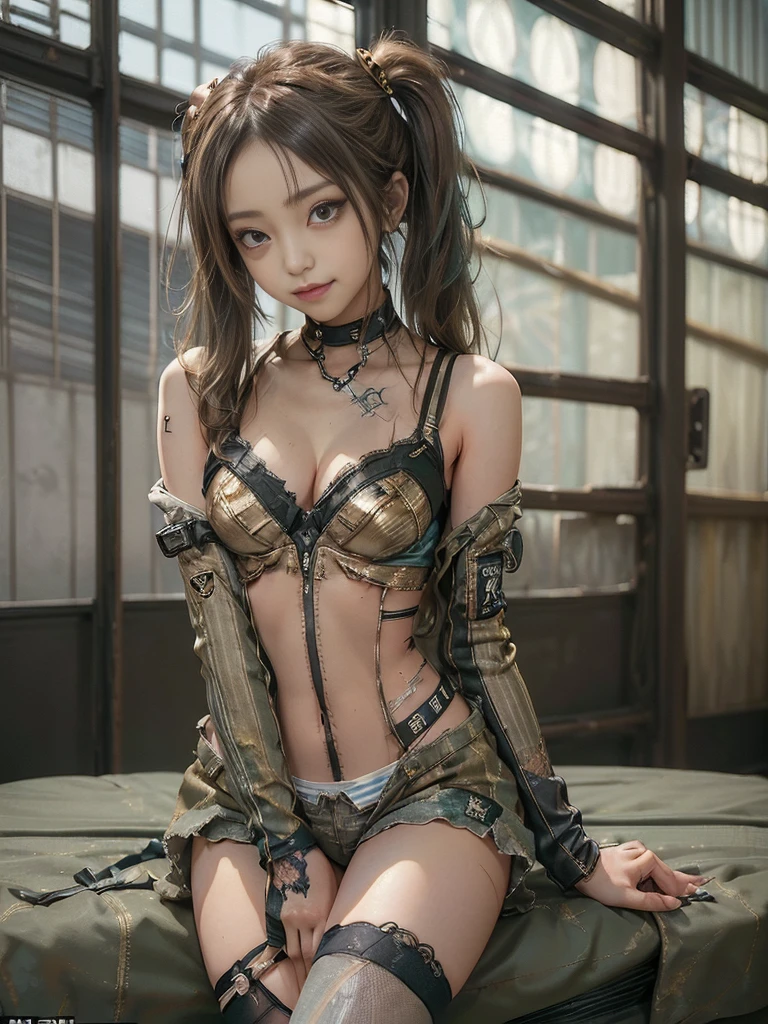 (Three Women,3 girls:1.5),(Full Body View:1.ide view:1.1)、(Please smile with your teeth showing:1.3),(Shibuya Gal:1.5)、(Gothic Lolite fashion:1.5)、(Tattered khaki and gray futuristic micro high leg bodysuit:1.5)、(Tattered Khaki and Moss Green Micro Fancy Sleeves:1.5)、(Tattered khaki micro shorts:1.5)、(Brown and khaki knee socks:1.3)、(camouflage:1.3)、(Military jacket:1.4)、Brown boots、Khaki gloves、internal、(The underwear is striped:1.4)、23 years old、(do a gravure pose:1.3)、((Highest quality、8k、masterpiece:1.3))、One girl、The beauty of slim abs:1.3、(Hairstyle Casual、Big Tits:1.:1.1、Super small face、row eyes、double eyelid、Laughter、Esbian all over body、Dynamic Angle、Close-up、CPL Filter、Blurred Background、Bokeh、Blue Hour、Detailed face and skin texture、Detailed Eyes,(Twin tails:1.3)、(Brown-golden hair:1.4)、Gravure idol pose、(The background is a person riding a motorcycle:1.3)、(The body is slim:1.2),(Slim legs:1.4),(clavicle:1.1)
