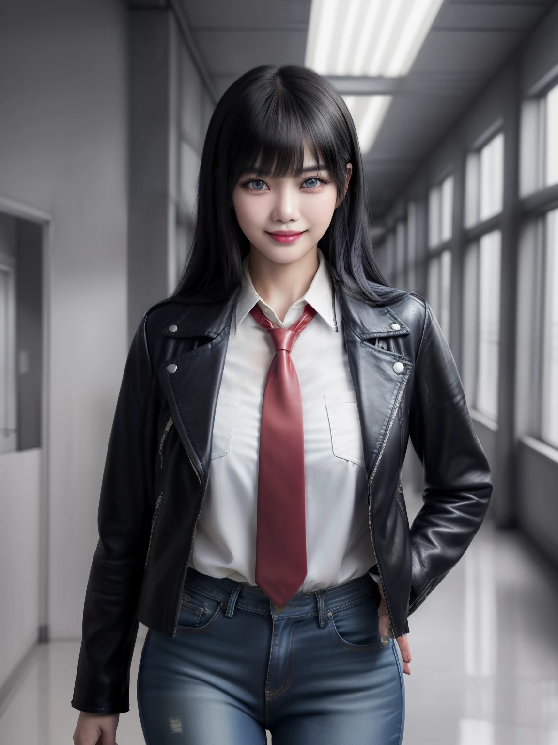 (SFW), UHD, 8k, full color ultra detailed photorealistic digital lineart painting,
asian girl, black hair with bangs, madivy, leather jacket, jeans, white buttoned (shirt) with red necktie, blue eyes, heavy makeup,
school hallway, sexy mood, flirting, cheeky smile,
perfect composition, high detail, hyper realistic,dramatic lighting, epic