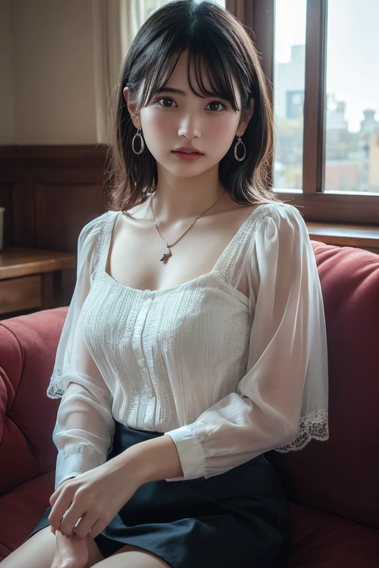 (Highest quality:1.4),(masterpiece:1.4),(Realistic:1.4),(Realistic:1.2),(超High resolution, RAW Photos:1.4),(High resolution, Ultra-detailed:1.2),(8k:1.2),View your viewers,Cinematic photography,One girl,skeletally correct,Black-haired woman,Woman in her early 20s,(Small earrings,necklace,Tulle blouse,Bustier,Crochet skirt),(Western-style building interior,Dimly lit room,The lamplight shines on my cheeks,Sit on the sofa)