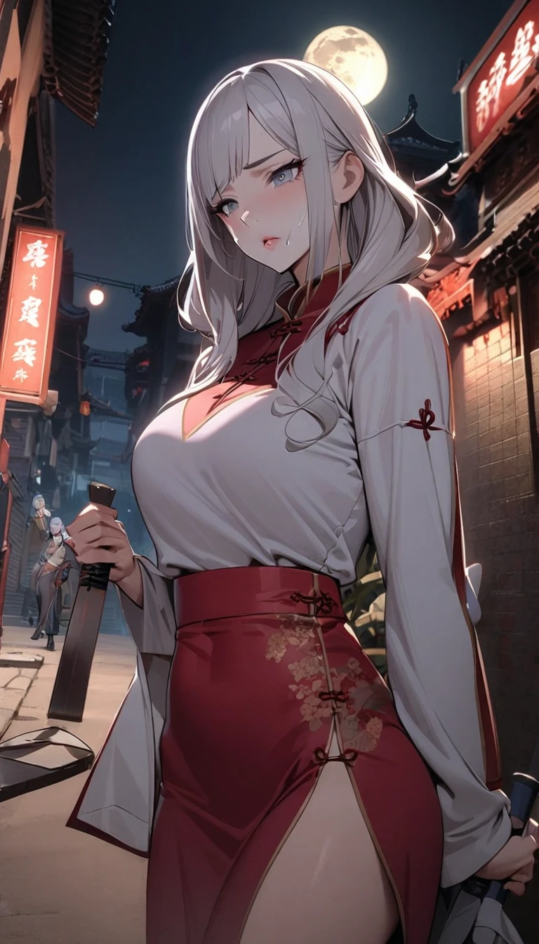 masterpiece, the best, night, full moon, 1 female, mature woman, Chinese style, China, Sister, Royal sister, cold face, Poker face, woman with long silver hair, light pink lips, calm, intellectuals, Three bangs, gray pupil, assassin, long sword, swordsman, struggle, street view, facial details,