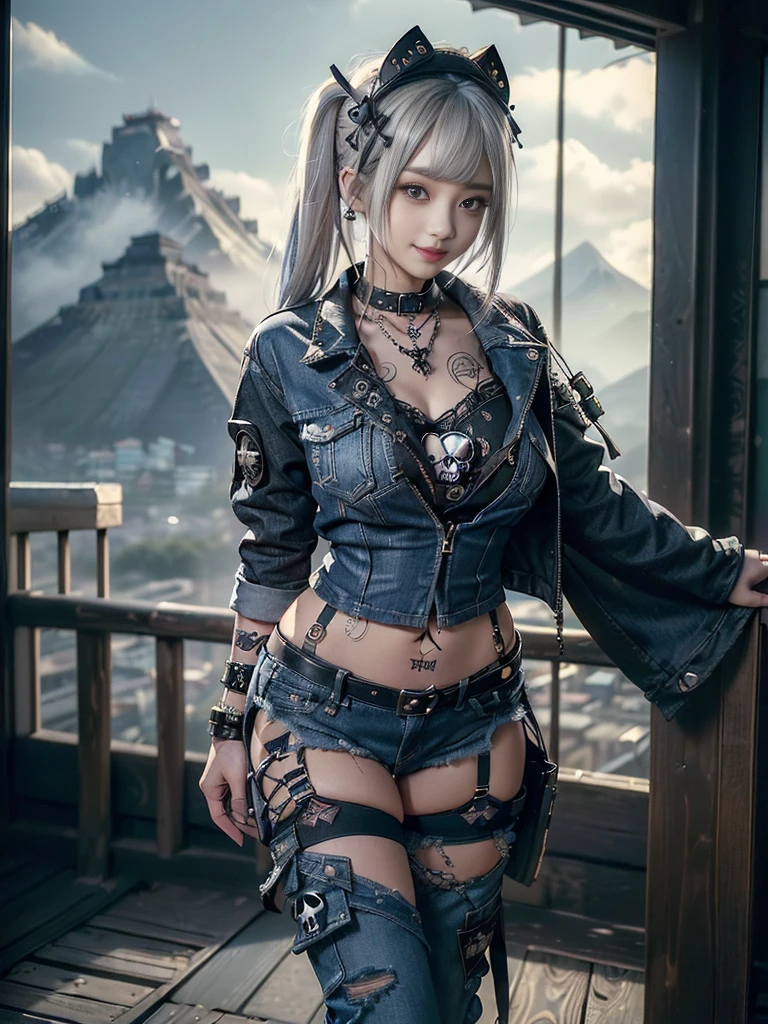 (Beautiful lips and nose:1.4)、(Long eyelashes:1.4)、(Smiling with teeth showing:1.3),(Shibuya Gal:1.5)、(Gothic ta delicately decorated dress:1.5)、(Tattered denim and black punk rock cargo pants:1.5)、(Denim and black navy skull mark small jacket:1.4)、(denim garter belt:1.5)、(Black and denim knee socks:1.3)、(Skull Silver Accessories:1.5)、(Denim collar:1.3)、(Brown Skin Belt:1.4)、(Brown boots:1.2)、(The underwear is striped:1.4)、31 years old、((Highest quality、In 8K、masterpiece:1.3))、Sharp focus:1.2、(Layered Cut、Huge boobs:1.1),Beautiful woman with perfect figure:1.4、(Dancing vigorously:1.3)、Slender Abs:1.2、Highly detailed face and skin texture、Detailed eyes、double eyelid,(Twin tails:1.3)、(Cream colored hair:1.3)、Gravure idol、(The background is a vast mountain with a clear view々Beautiful luxury resort destination in Europe:1.3)、(Slim Body:1.2),(Make your legs thinner:1.4),(clavicle:1.1)