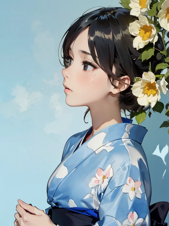 {(anime screencap:1),(japanese anime style:1.2),(watercolor image:1.2),sketch,overall light color},{(simple configuration:1.1),profile},{(simple light_blue background:1.4),(floral:1.2),(shadow on background:1.4)},BREAK,{(fower pattern on yukata:1.4),(open clothes:1.2)},(Show shoulders:1.4),BREAK,{(sweat on the neck:1.2),(erotic face,anguish,(painful:1.1),(very very ecstasy:1.2),(writhing:1.4),embarrassing):1.2},{japanes,1 woman, beautiful black hair,braid hair intricately,(vary beautiful black eyes:1.1)},{(masterpiece,best quality, 8K UHD, extremely detailed CG, detailed beautiful face and eyes and skin and hair)