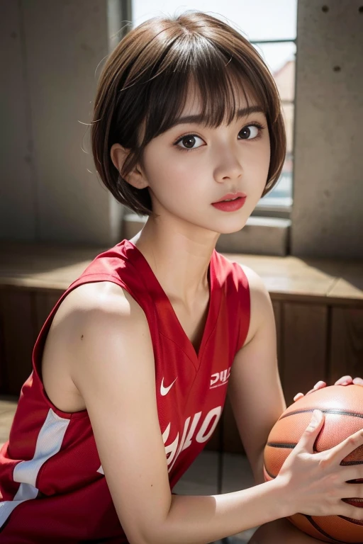 ((Highest quality)),(masterpiece:1.4),RAW Photos,8k,((Best image quality)), ((Highest Resolution)),Beautiful face in every detail,Very detailed,Gentle expression,(One Woman:1.3 ),Realistic,photo Realistic,(Very short hair:1.4),(Beautiful woman),(Cute Japanese Girl:1.3),(mannish),((Beautiful woman)),(Beautiful Hair),((Dark brown hair)),(((Red cheeks))),((Her eyes are big)),20 year old beauty,(Her face is small:1.7),Small Head,((Long neck)),Pale skin,Immaculate skin,With bangs,Everyone longs for,Japanese Beautiful woman,(8 heads),((Basketball Red Uniform, Sleeveless)),Squat, Match venue