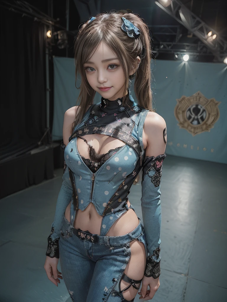 (Three Women,3 girls:1.5),(Full Body View:1.ide view:1.1)、(Sg with teeth showing:1.4),(Shibuya Gal:1.5)、(Gothic Lolita styhion:1.5)、(Punk RockVisual Kei:1.5)、(Wearing a rhythmic gymnastics bodysuit with intricate details:1.4)、(Racing suit and pants with intricate turquoise, denim and charcoal decorations:1.5)、(Denim and light blue and turquoise boots:1.3)、((belt))、(Numerous delicate logo marks all over the costume:1.4)、(collar:1.3)、(Polka dot underwear:1.5)、20-year-old、NSFW、((Highest quality、In 8K、masterpiece:1.3))、Sharp focus:Layered Cut、Huge boobs:1.1),Beautiful with perfect figure:1.4、(Doing a ballerina pose:1.3)、Slender Abs:1.2、Highly iled face and skin texture、Detailed eyes、double eyelid,(Twin tails:1.3)、(Brown-golden hair:1.3)、Gravure idol、(The background is the stage of the fashion show:1.3)、(Slim Body:1.3),(Make your thinner:1.4),(clavicle:1.1)